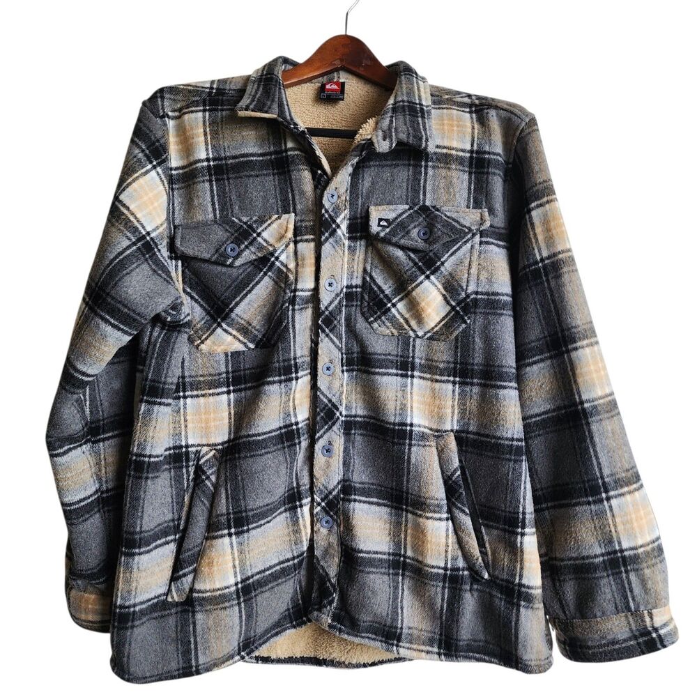 Quiksilver Men Large Heavyweight Plaid Fleece Lined Shirt Jacket Flannel Shacket